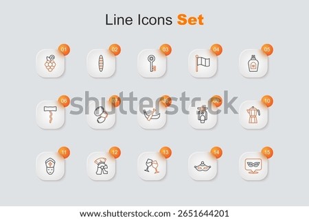 Set line Carnival mask, Wine glass, Roman army helmet, Pope, Coffee maker moca pot, Scooter and Gondola boat icon. Vector