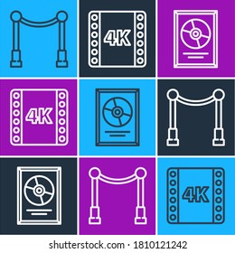 Set line Carpet with barriers, CD disk award in frame and 4k movie, tape, frame icon. Vector