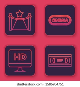 Set line Carpet with barriers and star , Computer PC monitor with HD video technology , Cinema poster design template  and VHS video cassette tape . Blue square button. Vector