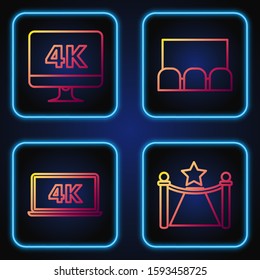 Set line Carpet with barriers and star , Laptop screen with 4k video technology , Computer PC monitor and Cinema auditorium with screen and seats . Gradient color icons. Vector