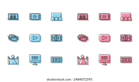 Set line Carpet with barriers and star, Computer PC monitor HD video technology, Buy cinema ticket online, VHS cassette tape, Play, Video, Bang boom text speech bubble balloon and  icon. Vector