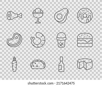 Set line Carrot, Cheese, Avocado fruit, Taco with tortilla, Chicken leg, Shrimp, Tabasco sauce and Burger icon. Vector