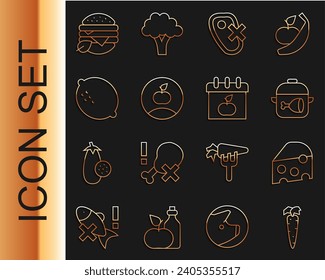 Set line Carrot, Cheese, Cooking pot and chicken leg, No meat, Apple, Lemon, Vegan food diet and World Vegetarian day icon. Vector