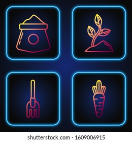 Set line Carrot, Garden rake, Bag of flour and Sprout. Gradient color icons. Vector