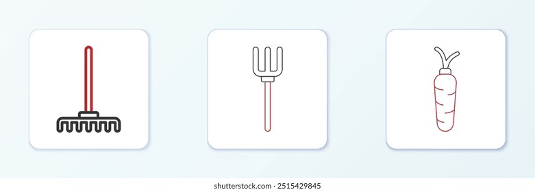 Set line Carrot, Garden rake and pitchfork icon. Vector