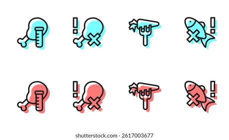 Set line Carrot, Genetically modified chicken, No leg and fish icon. Vector
