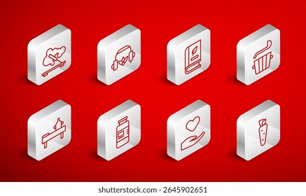 Set line Carrot, Headphones for meditation, Medical book, Sauna bucket and ladle, Heart in hand, Scented spa stick, Collagen serum and Massage table with oil icon. Vector