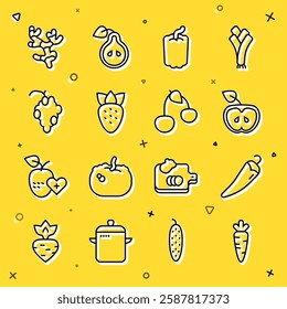 Set line Carrot, Hot chili pepper, Apple, Bell, Strawberry, Grape fruit, Ginger root and Cherry icon. Vector