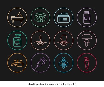 Set line Carrot, Mushroom, Ointment cream tube, Acupuncture therapy, Bottle of liquid soap, Massage table with oil,  and Hypnosis icon. Vector