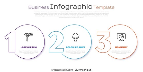 Set line Carrot on fork, Broccoli and Bodybuilder muscle. Business infographic template. Vector