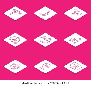 Set line Carrot on fork, Banana, Sleepy, Time to sleep, Salad in bowl, Stationary bicycle, Stopwatch and  icon. Vector