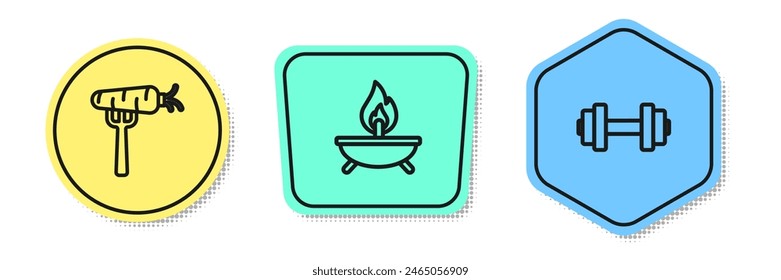 Set line Carrot on fork, Aroma candle and Dumbbell. Colored shapes. Vector