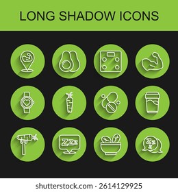 Set line Carrot on fork, Sleepy, Bodybuilder muscle, Salad in bowl, Glass with water and Vitamin pill icon. Vector
