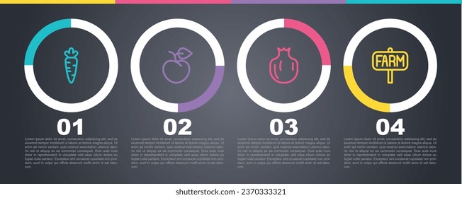 Set line Carrot, Peach fruit or nectarine, Pomegranate and Location farm. Business infographic template. Vector
