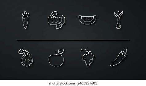 Set line Carrot, Pear, Onion, Grape fruit, Apple, Leaf Eco symbol, Hot chili pepper and Watermelon icon. Vector