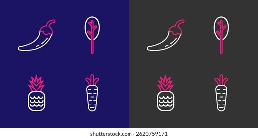 Set line Carrot, Pineapple, Spinach and Hot chili pepper pod icon. Vector