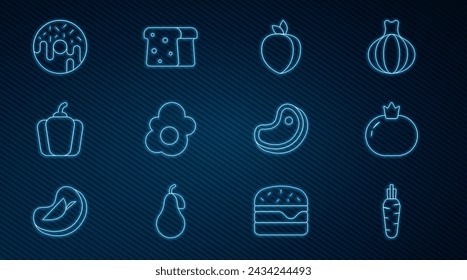 Set line Carrot, Tomato, Plum fruit, Scrambled egg, Bell pepper, Donut, Steak meat and Bread toast icon. Vector