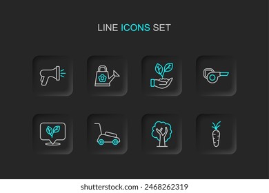 Set line Carrot, Tree, Lawn mower, Leaf, garden blower, in hand, Watering can and Garden hose icon. Vector