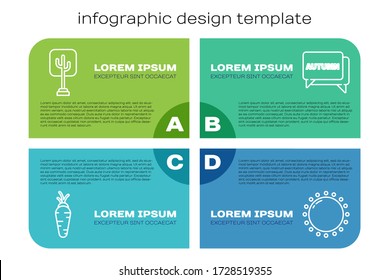 Set line Carrot, Tree, Sun and Speech bubble with text autumn. Business infographic template. Vector