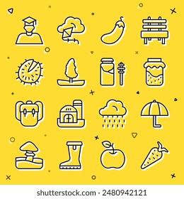 Set line Carrot, Umbrella, Jam jar, Eggplant, Tree, Chestnut, Graduate and graduation cap and Jar of honey dipper stick icon. Vector