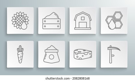 Set line Carrot, Wooden box with harvest, Bag of flour, Cheese, Scythe, Farm House concept, Honeycomb and Sunflower icon. Vector