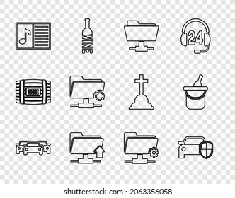 Set line Cars, protection or insurance, FTP folder, upload, Music book with note, sync refresh, settings and Bottle of wine bucket icon. Vector