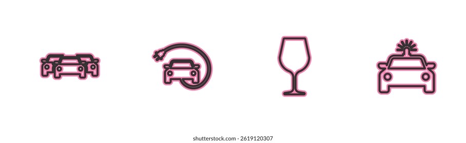 Set line Cars, Wine glass, Electric car and Police and flasher icon. Vector