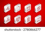 Set line Carton cardboard box, Empty document, 3D printer, Printer ink cartridge, Paper shopping bag, Scissors, Computer monitor screen and Stamp icon. Vector