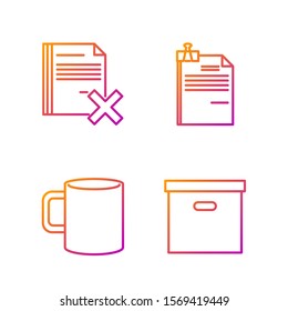 Set line Carton cardboard box, Coffee cup flat, Delete file document and File document and binder clip. Gradient color icons. Vector