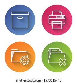 Set line Carton cardboard box, Printer, Folder settings with gears and Delete folder. Color circle button. Vector
