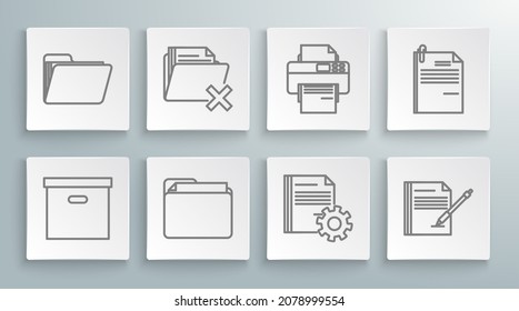 Set line Carton cardboard box, Delete folder, Document, settings with gears, Blank notebook and pen, Printer, File document paper clip and  icon. Vector