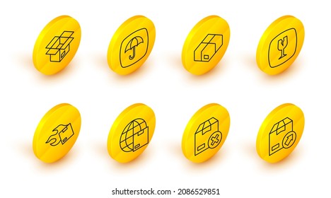 Set line Carton cardboard box, Worldwide shipping, Fragile broken glass, Delivery package with umbrella and Unboxing icon. Vector