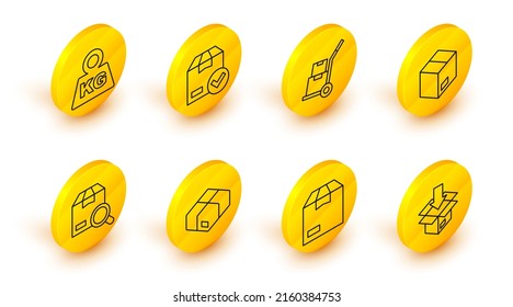 Set line Carton cardboard box, Search package, Hand truck and boxes, with check mark and Weight icon. Vector