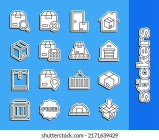 Set line Carton cardboard box, Warehouse, Home delivery services, Cardboard with calendar, Search package and Conveyor belt icon. Vector