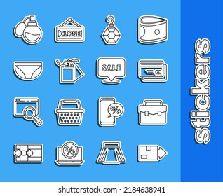 Set line Carton cardboard box, Briefcase, Credit, Earring, Blank label template price tag, Underwear, Perfume and Hanging sign with Sale icon. Vector