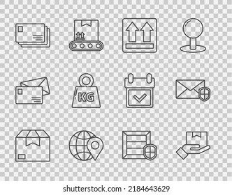 Set line Carton cardboard box, Delivery hand with boxes, This side up, Location the globe, Envelope, Weight, pack security shield and  icon. Vector
