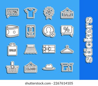 Set line Carton cardboard box, Hanger wardrobe, Discount percent tag, Paper check and financial check, Stacks paper money cash, Fifty discount and Create account screen icon. Vector