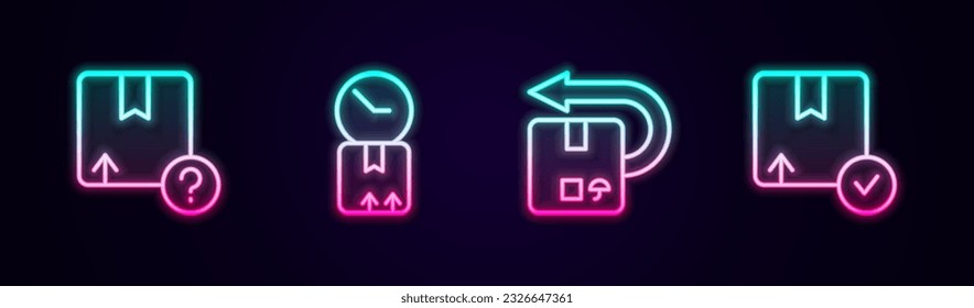 Set line Carton cardboard box, Cardboard with clock, Return and . Glowing neon icon. Vector