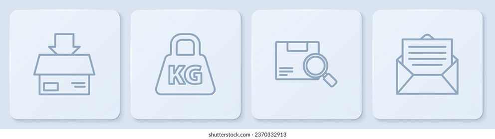 Set line Carton cardboard box, Search package, Weight and Envelope. White square button. Vector