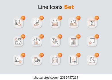 Set line Carton cardboard box, Warehouse price, Delivery cargo truck, Search package, Calculator and Cardboard with traffic symbol icon. Vector