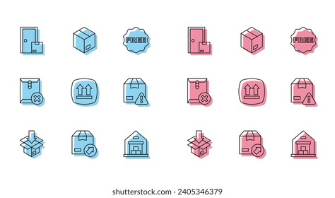 Set line Carton cardboard box, Home delivery services, Warehouse, This side up, Delivery security with shield, Delete envelope and  icon. Vector