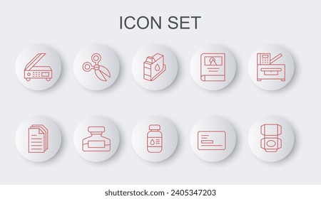 Set line Carton cardboard box, File document, Printer ink cartridge, Business, Scanner, Scissors, Ink bottle and  icon. Vector