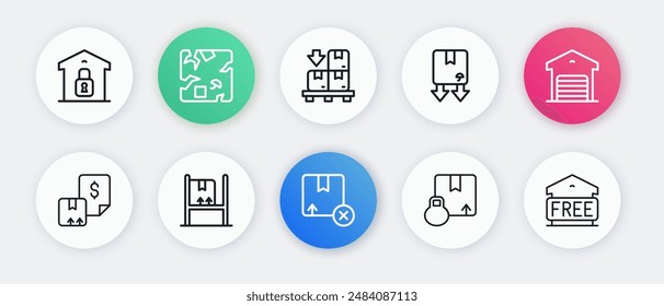 Set line Carton cardboard box, Warehouse, Waybill, Cardboard with traffic symbol, boxes pallet, Free storage and interior icon. Vector