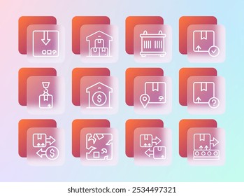 Set line Carton cardboard box, Broken, Location with, Cardboard traffic symbol, Warehouse price, Container,  and Full warehouse icon. Vector