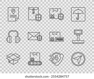 Set line Carton cardboard box, Delivery pack security with shield, Conveyor belt, Document tracking marker system, Envelope, Telephone 24 hours support and Scale icon. Vector - Powered by Shutterstock - Get 15% off with code: PIKWIZARD15