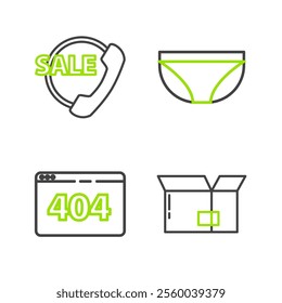 Set line Carton cardboard box, Page with 404 error, Underwear and Telephone 24 hours support icon. Vector