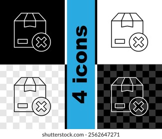 Set line Carton cardboard box and delete icon isolated on black and white, transparent background. Box, package, parcel sign. Delivery and packaging.  Vector