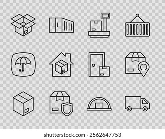 Set line Carton cardboard box, Delivery cargo truck, Scale with, security shield, Unboxing, Home delivery services, Warehouse and Location icon. Vector