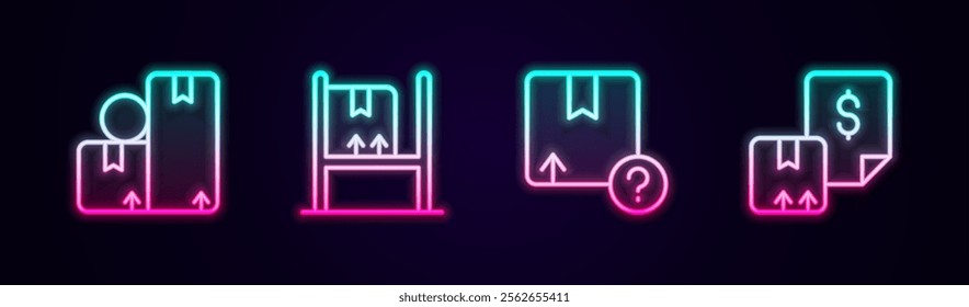 Set line Carton cardboard box, Warehouse interior with boxes,  and Waybill. Glowing neon icon. Vector