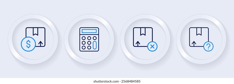 Set line Carton cardboard box, Calculator and  icon. Vector